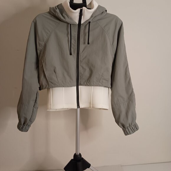 ZARA Contrast Neoprene Effect Hooded Athleisure Jacket Sage Green Women’s Size M - Picture 14 of 14